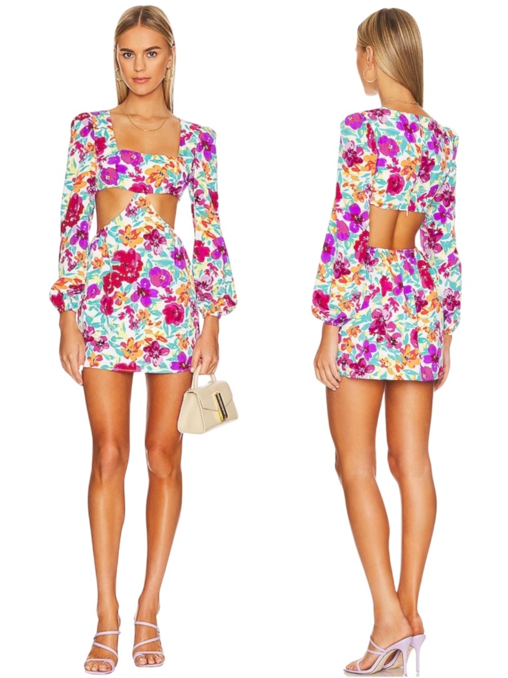 More to Come Revolve Floral Cutout Mini Dress M Sold Out Open Back Puff Sleeve
